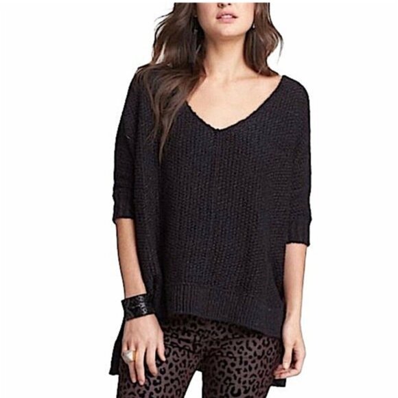 Free People V Neck Sweater Knit Pullover Black Slouchy Cozy Cat Lagenlook Boho - Picture 2 of 13